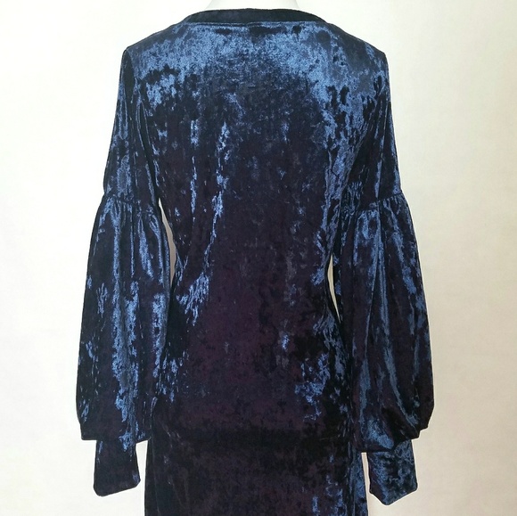 Blue Velvet Shift Dress With Cold Shoulder - Picture 6 of 6